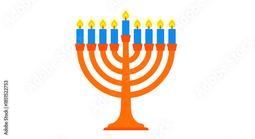 A vibrant Hanukkah menorah with burning wax candles and flickering flames serves as a symbolic religious decoration to celebrate the holiday of light during this festive winter celebration