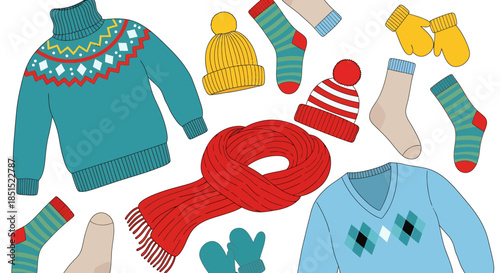 A set of warm winter clothes icons featuring a knitted wool sweater, striped scarf, and cotton hat isolated as stylish fashion garments with unique textile patterns for a child to wear