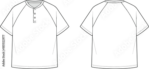 Short sleeve raglan henley t shirt technical flat drawing, button placket casual top, front back view, cad vector illustration