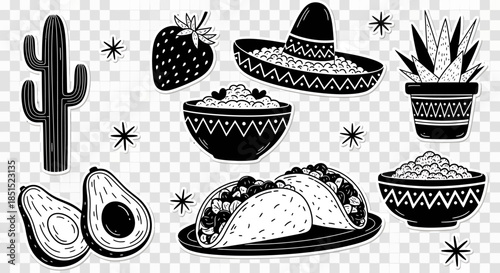 A vintage vector illustration set featuring a decorative pattern of Easter eggs and flowers alongside a sketch of a tea cup, fruit, and a restaurant menu design