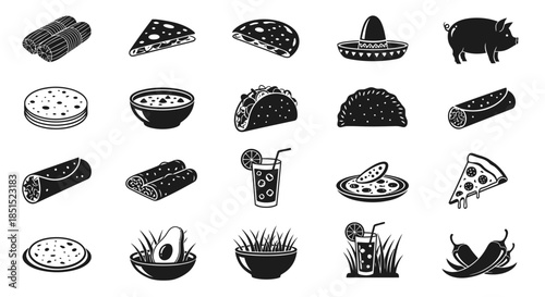 Vintage black and white vector icons set of different meat, bread, pizza, and burger illustrations for restaurant menu symbols including breakfast meals and coffee drinks

Would you like me to generat
