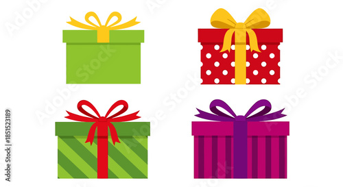 A colorful set of vector gift box illustrations featuring ribbons and bows for Christmas, birthday, and holiday celebrations, designed as decorative surprise packages for greeting cards