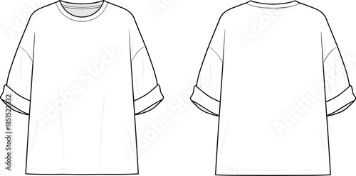 Oversized t shirt technical flat drawing, short sleeve rolled cuff top, front back view, cad vector illustration apparel