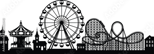 Amusement park silhouette featuring ferris wheel, roller coaster, carousel, buildings, fairground attractions, ride structures, entertainment theme, black outline vector design