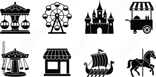 Black silhouette carnival icons set, amusement park rides and booths illustration, ferris wheel, carousel, castle and food cart, fun fair vector artwork