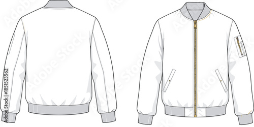 Zip up bomber jacket technical flat drawing, long sleeve casual outerwear with zipper pockets, front back view, cad vector illustration