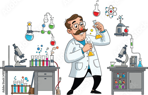 Cartoon scientist in lab, chemistry experiment, colorful liquids, laboratory equipment, molecular science, test tubes, microscope, chemical reaction, research concept, scientific discovery