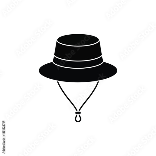 Black silhouette icon of sun protection bucket hat with adjustable chin strap rope isolated on transparent background vector illustration
