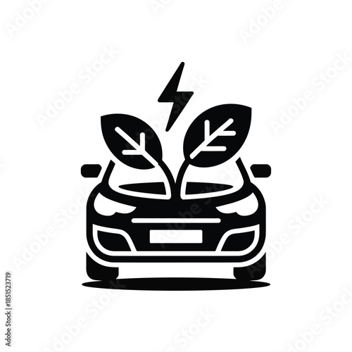 Eco-friendly electric vehicle charged by sustainable green energy symbolized by lightning bolt and leaves representing future transportation vector icon
