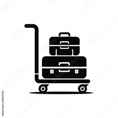 Black silhouette icon of luggage trolley with stack of suitcases airport baggage cart isolated on transparent background vector illustration