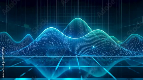 Blue digital waveform lines floating above grid surface on dark technology background