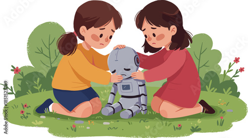 Children comforting sad robot, cartoon illustration, emotional moment, empathy scene, outdoor garden, friendship, kindness, futuristic character, peaceful background, human connection, caring gesture