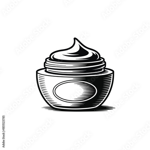 Luxury cosmetic cream jar packaging engraving style black and white line art vector illustration for beauty products