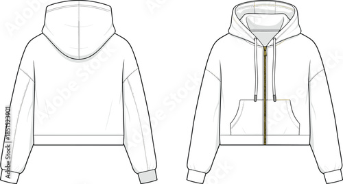 Women zip up hoodie technical flat drawing, long sleeve hooded sweatshirt with kangaroo pocket, front back view, cad vector illustration