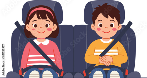 Children in car, seat belt safety, travel protection, road trip kids, secure passengers, back seat view, cartoon illustration, child safety awareness, transportation concept
