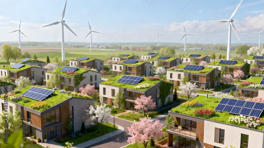 Fototapeta premium Eco-friendly residential neighborhood powered by renewable energy with green rooftops and clean urban planning.
