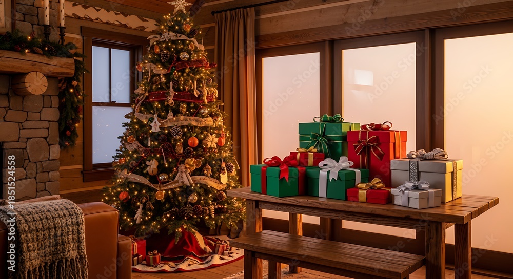 Obraz premium Festive Christmas Tree with Presents in Cozy Wooden Cabin Interior During Sunset