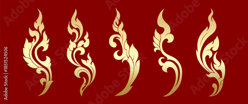 Golden Thai Decoration Flame Elements Set with Traditional Thai Flame Motif for Temple Ornament Design, Cultural Pattern, Tattoo Idea, Poster Template, Branding Asset, Sacred Graphic Resource