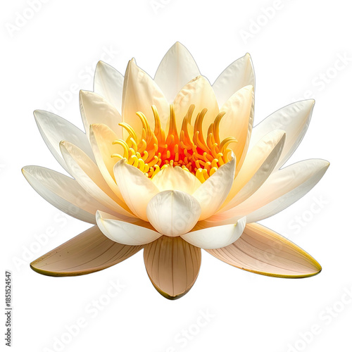 A stunning close-up of a creamy white and yellow water lily centered against a deep black background.