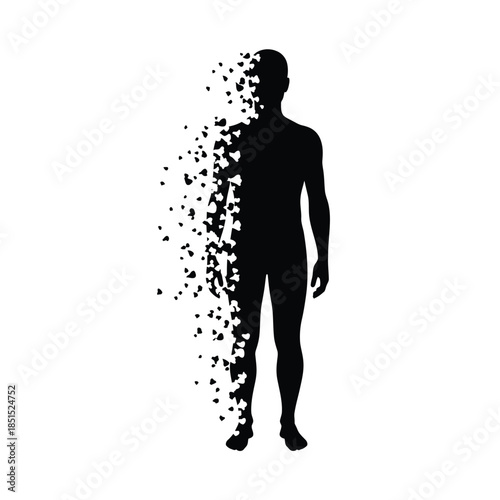 Black silhouette of a person dissolving into small particles on a white background human male