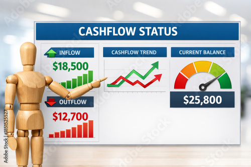 Cashflow status concept with wooden mannequin pointing at financial dashboard showing inflow, outflow, cashflow trend, and current balance with colorful charts and graphs