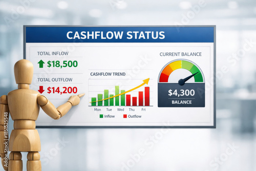 Cashflow status dashboard showing total inflow, outflow, and current balance with wooden mannequin pointing at data, illustrating financial growth and trend analysis