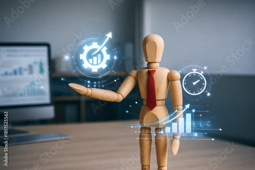 Wooden mannequin with red tie presenting digital business growth icons, charts, and stopwatch in office environment, symbolizing productivity and marketing success