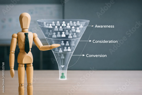 Marketing funnel concept with wooden mannequin figure presenting customer journey stages from awareness to conversion in business strategy visualization