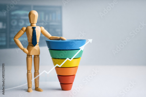 Wooden mannequin with tie stands next to colorful marketing funnel with upward arrow symbolizing business growth and sales strategy success in bright office setting