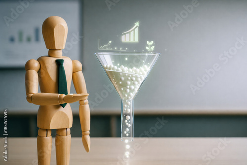 Wooden mannequin with tie presenting funnel with glowing spheres and business growth icons, symbolizing marketing strategy and sales conversion success