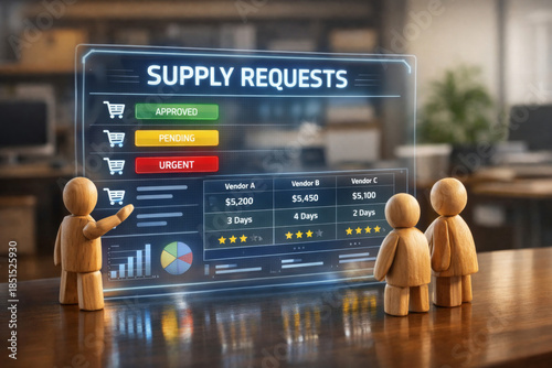 Supply requests concept with wooden figures analyzing vendor prices, delivery times, and approval status transparent digital interface, symbolizing business decision making and procurement