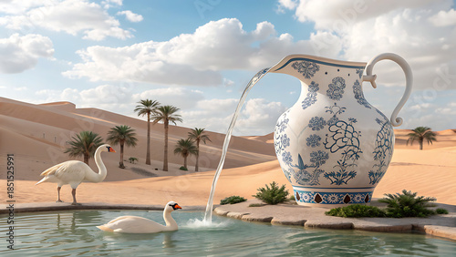 Surreal Desert Oasis with Giant Ornate Pitcher Pouring Water into Pool with Swans and Palm Trees Under Sky