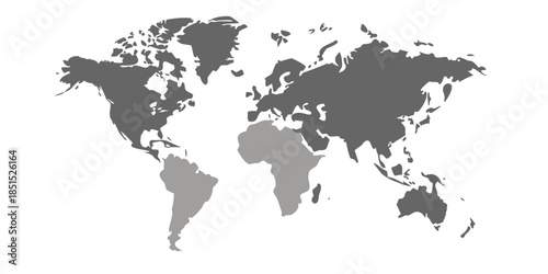 A grayscale world map illustration highlighting continents and major landmasses