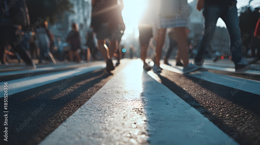 Fototapeta premium People Crossing Street at Zebra Crossing with Sunlight.