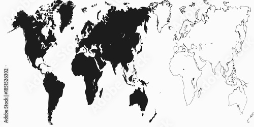 A stark black and white illustration of the world map continents outlined