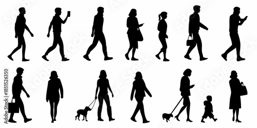 Diverse group of people walking shown in silhouette against a white background