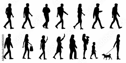 Silhouettes of people walking gesturing and interacting in various poses