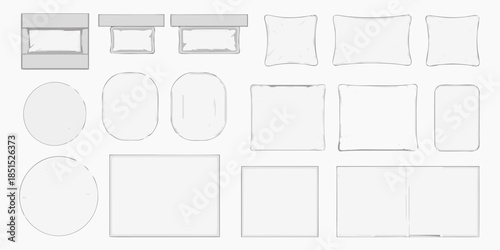 Overhead view of various bed and pillow arrangements in a minimalist style