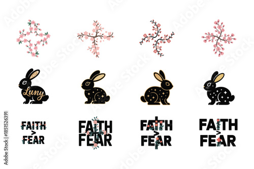 Cherry blossom branches, black bunnies and faith over fear graphic designs Keywords: easter