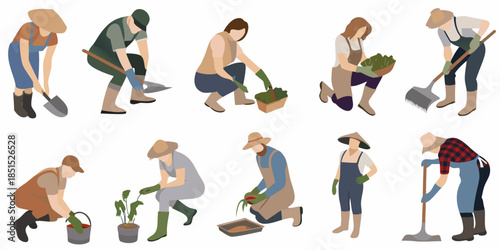 A collection of stylized vector illustrations depicting people gardening and working outdoors