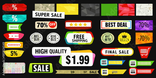 Collection of colorful sale banners ribbons and promotional offer labels