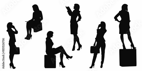 Silhouettes of businesswomen in various poses with briefcases and heels