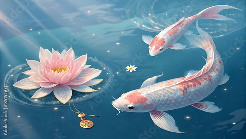 Two Ethereal Translucent Koi Fish Swim Near a Delicate Pink Lotus Flower with Rippling Water and Sunbeams
