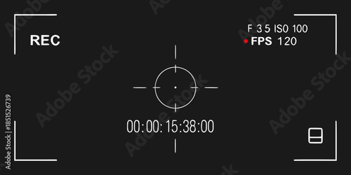 Camera recording screen with timecode focus reticle and settings display