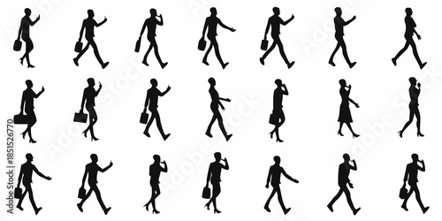 Silhouette figures of people walking in a variety of poses and attire