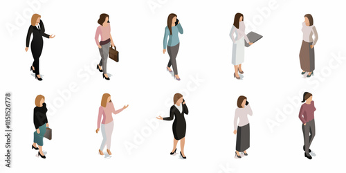 Isometric illustration of diverse women walking in professional attire
