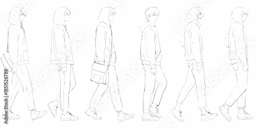 Line drawing of a person in various walking poses side view illustration