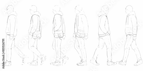 Fashion design sketch of a walking figure in various poses and angles