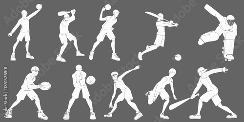 A sequence of white line drawings depicting various athletic movements and poses