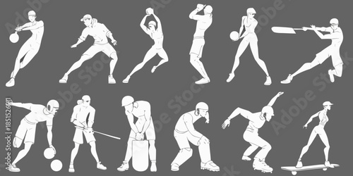 A series of white silhouette figures depicting various athletic poses and actions